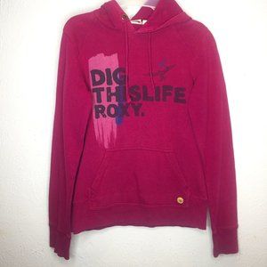 Roxy women's S pull over hoodie in pink, with "Dig This Life Roxy" on front.